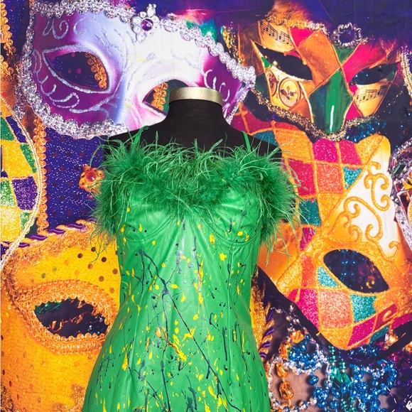 Green Mardi Gras Patent leather Dress with Feather Trim BAD COLLECTION - Picture 5 of 5